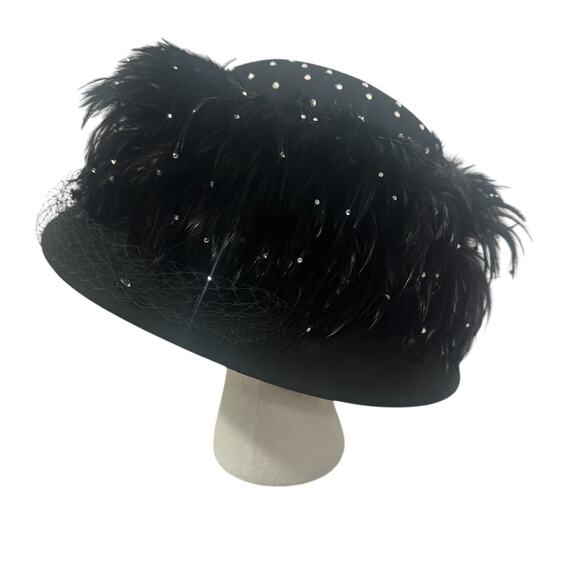 Vintage 80s Essence Hat Black Feathered Wide Brimmed Derby Church Hat - Picture 4 of 9